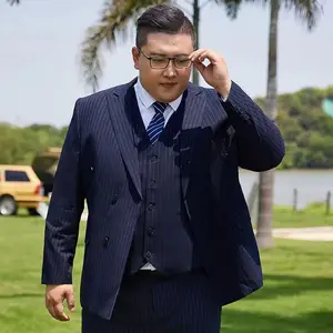 Men's Plus Size Oversized Custom Navy Striped Double Breasted 3-Piece Business Suit with Anti-Wrinkle Feature