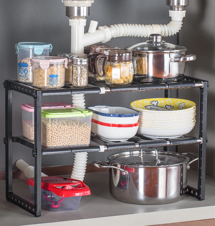 2 Tier Expandable Shelf Rack Under Sink Storage Organizer for Kitchen Room