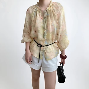 Custom Women's 100% Linen Blouse with Ruffled Neckline, Floral Print Women shirt