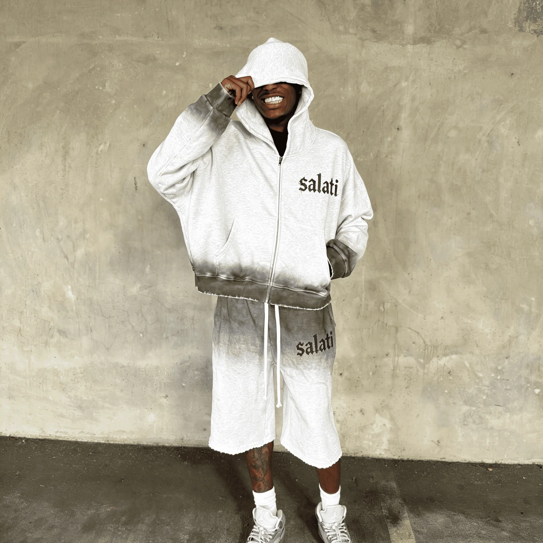 OEM Custom Men Short Hoodie Set White Ombre Zip up Sweatshirt Raw Hem Long Sweat Shorts Summer Apparel Top Men Casual Sets gallery 7