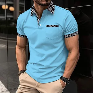 2025 Men's Casual Chest Pocket Lapel Short Sleeved Color Blocked Versatile T-shirt