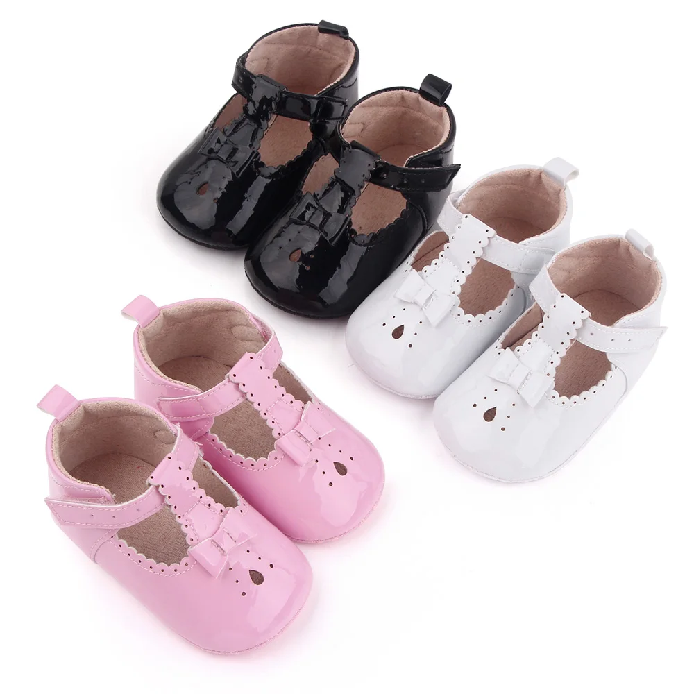 Spring and Summer Pure Color Hollow Shining PU Leather Baby Girls Soft Soled Princess Shoes
