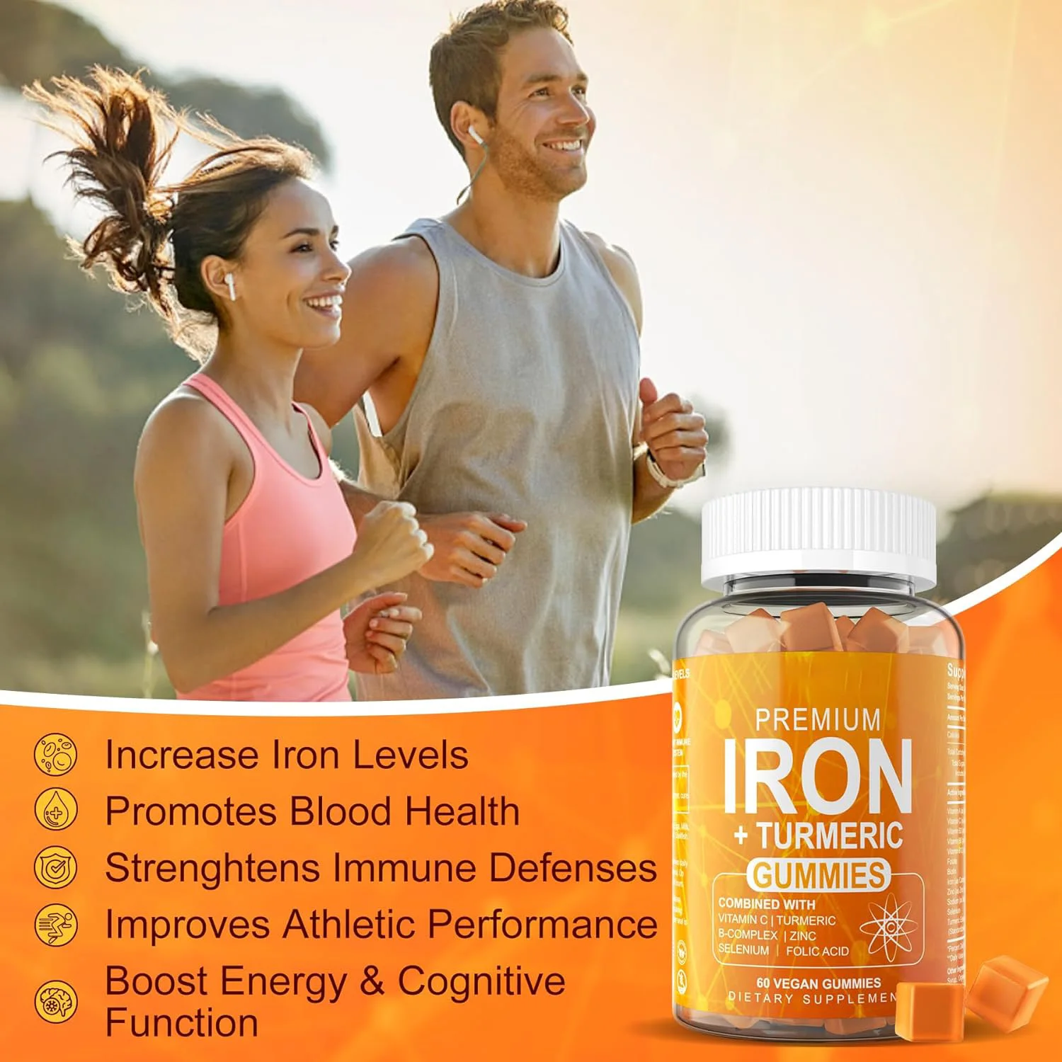 OEM Premium Iron Gummies with Turmeric Vitamin Complex Veagn Iron Gummies 60 Pills Iron Supplement for Boost Hemoglobin