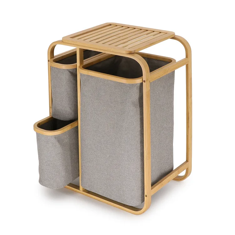 Бамбуковая корзина для белья с 3 тканевыми мешками натуральный серый в ванную комнату хранения одежды Органайзер