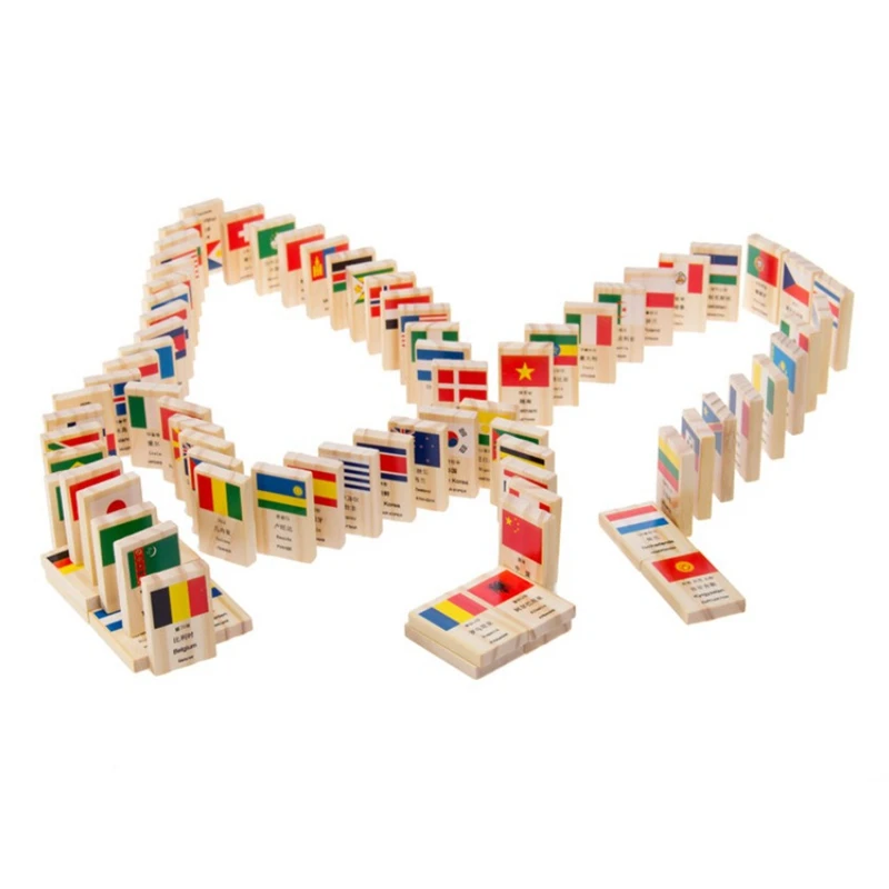 Kids Domino With Flag Pattern World Countries Cognitive Toy Wooden Domino Toy