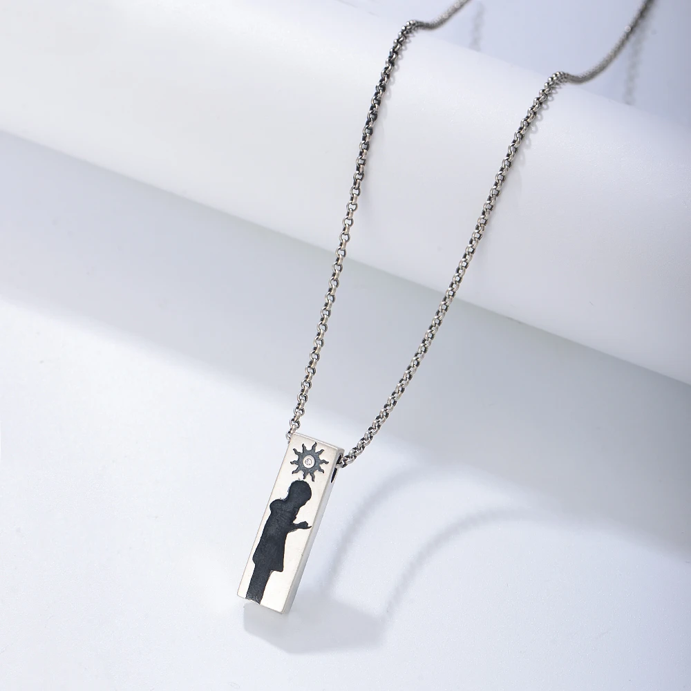 Custom Jewelry Trendy Pendant Necklace Hollow Rectangle Pendant Antique Silver Plating Moon Couple Necklace
