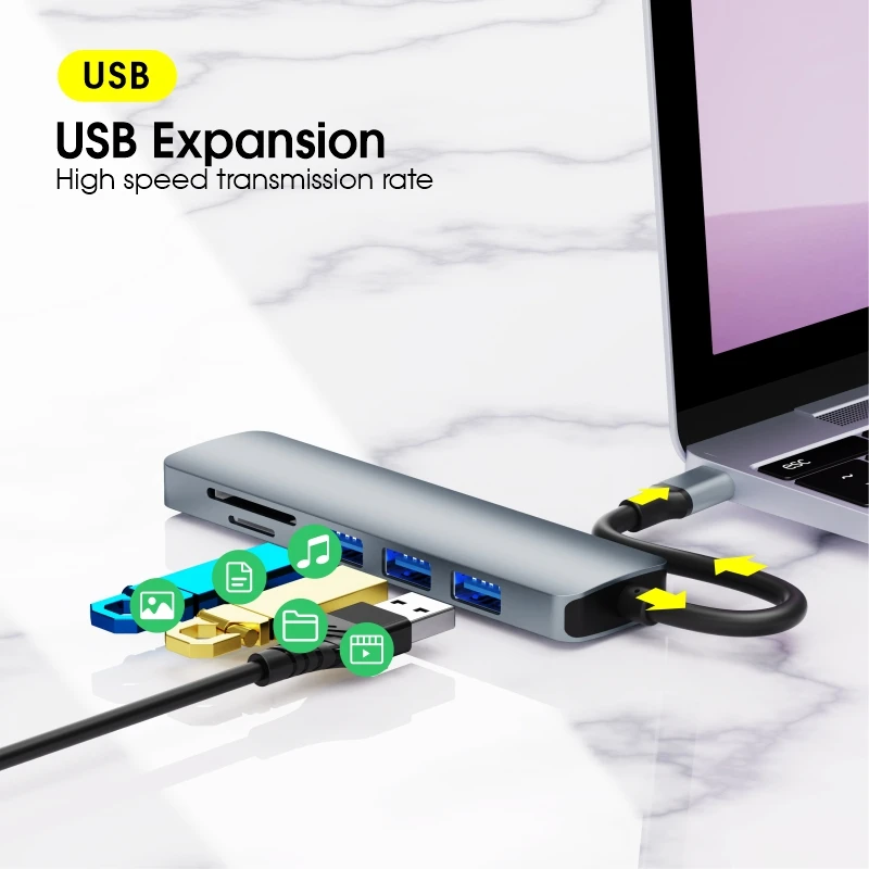 Алюминиевый USB-концентратор 6 в 1 для Macbook Pro Тип C 3 0 4K HDTV SD