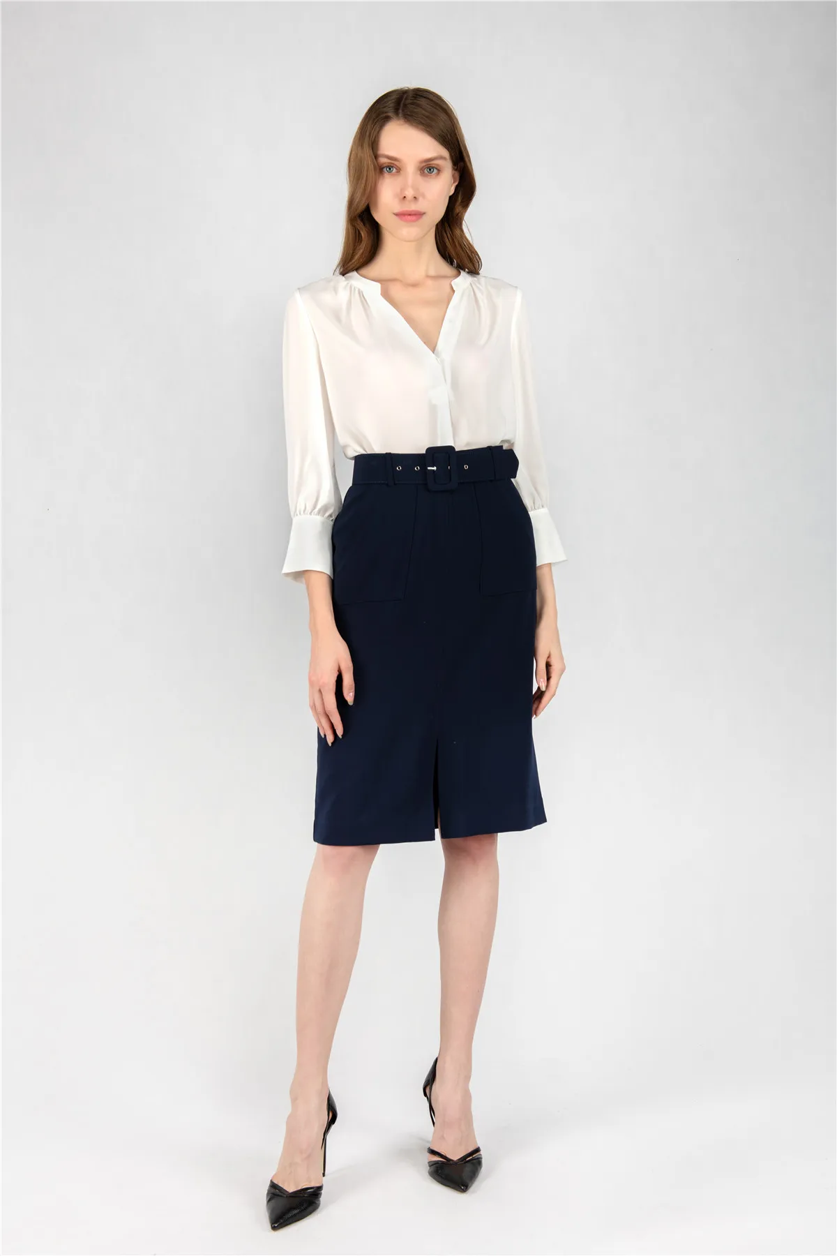 2021 Hot Selling Women Pencil Mid Length Slim Office Skirt With Belt