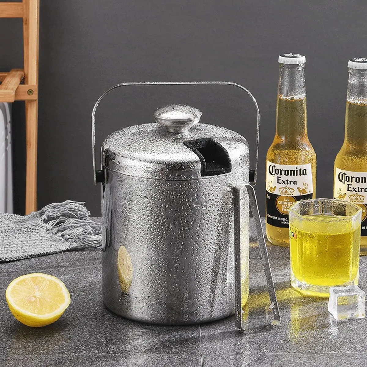 1.3L Stainless Steel Insulated Ice Bucket+Lid+Ice Tongs Beer Cooler  Double-Wall