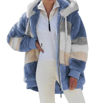 2021 Amazon Hotsale Fall Winter Fashionable Women's Casual Striped Fur Coat with Hood Ladies Loose Plus Size Jacket Fur Coats