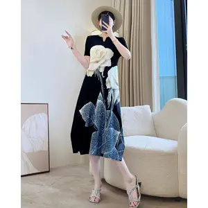 Miyake Women's Elegant Printed Black Summer Dress Loose Pleated Large Size New Western Style Casual Floor-Length with Front Logo