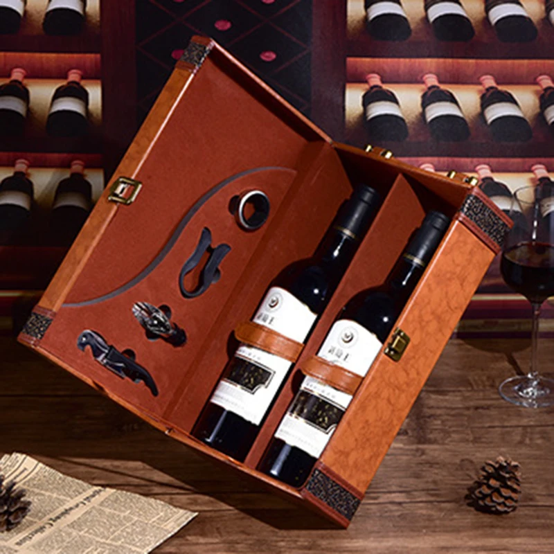 Custom Printed Modern Style PU Leather & Wood Wooden Gift Packaging Boxes for 1/2/4/6 Bottle Wine Box