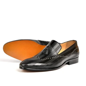 Luxury Black Loafers Genuine Leather Metal Rivet Trim Cowhide Mature Men Shoes