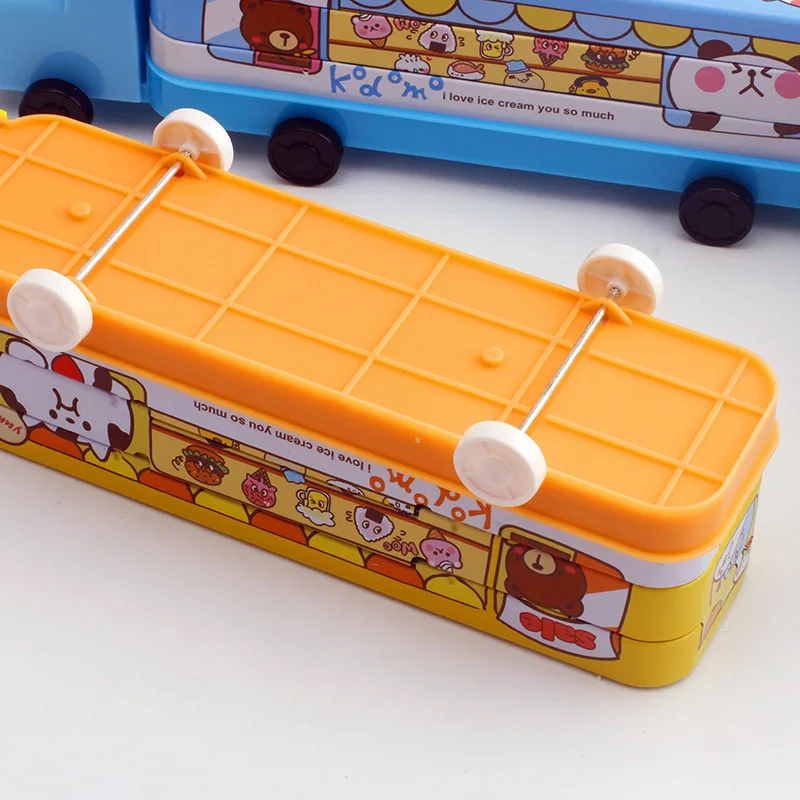 New Creative Multi-functional 3D Cartoon Kid Cute Cars Pencil Box Train Shape Double Layers Stationery Box