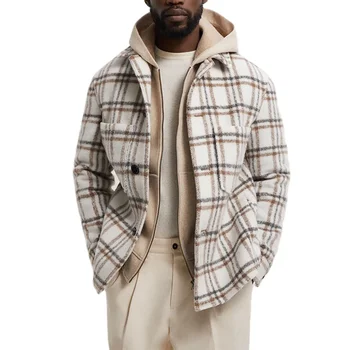 OEM Custom High Quality Mens Wool Check Overshirt Flannel Tweed Plaid Shirt Jacket For Men