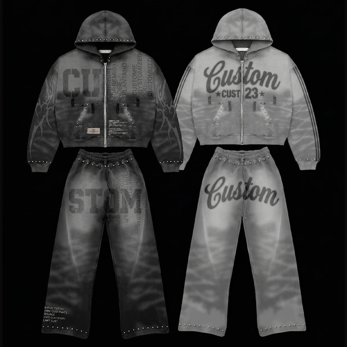 Custom Rhinestone Zip up Hoodies and Sweatpants Vintage Cotton Sun Faded Tracksuit Graphic Wash rhinestone Hoodie Set for Men