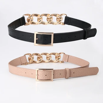 Women's Skinny Genuine Leather Belts With Embossed Logo for Jeans Adjustable Fashion Thin Waist Belt with Pin Buckle