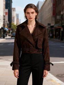New Retro Cropped Trench Coat Women's Belted Notched Collar Suede Jacket Casual Solid Color Wholesale Short Outerwear