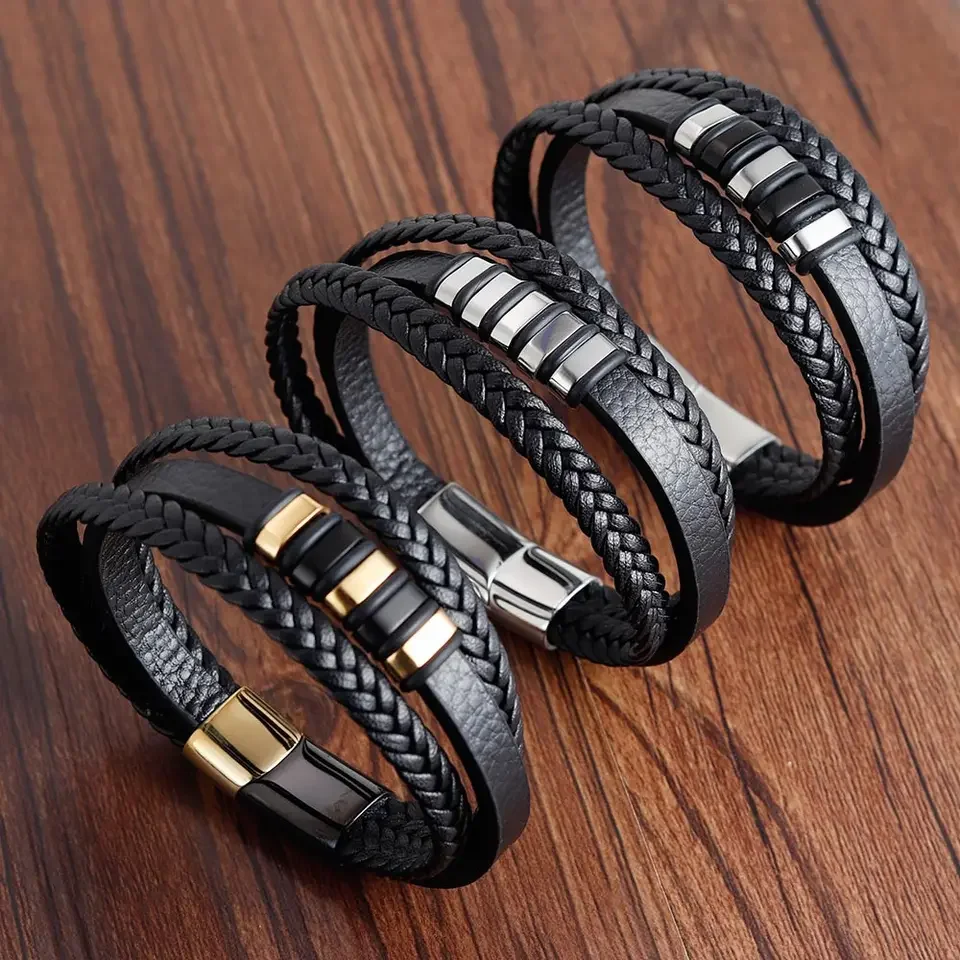 Stylish 3 Layer Genuine Leather Bracelet with Magnetic Clasp