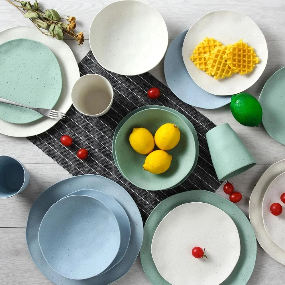 Juego de cena de melamina para personas, set de vajilla para el  lavavajillas y la comida, color azul claro, apto para acampar, 16 unidades