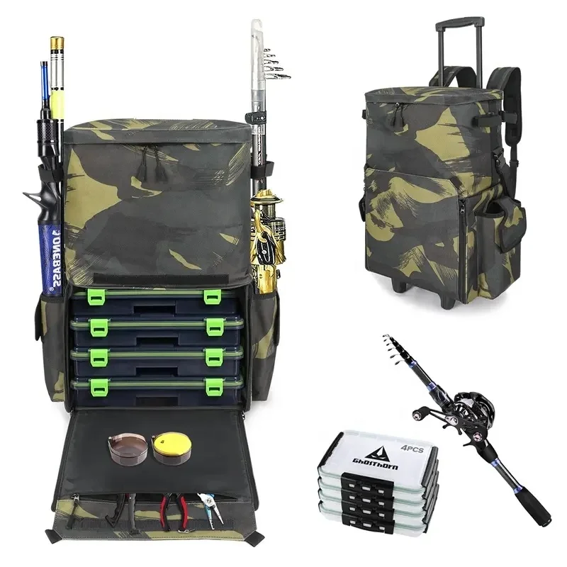 Custom Large Waterproof Rolling Fishing Tackle Box 4 Rod Holders Fishing Bag Backpack with Wheels Custom Large Waterproof Rolling Fishing Tackle Box 4 Rod Holders Fishing Bag Backpack with Wheels