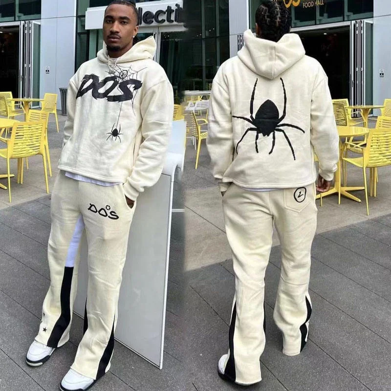Men Flare Sweatsuit Custom Two Piece 100% Cotton French Terry Raw Hem Hooded Heavyweight Flared Sweatpants and Hoodies Set