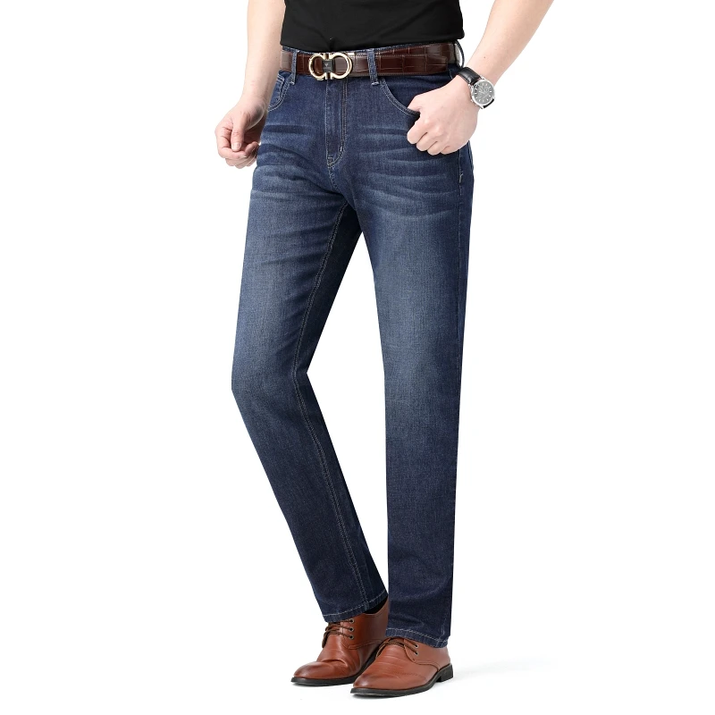 Classic Blue Straight Leg Jeans For Men's High-end Washed Stretch Loose ...