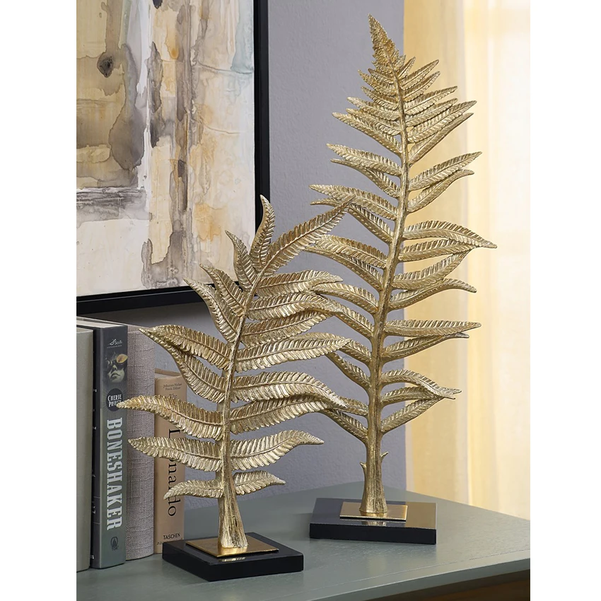 Marble Base Wholesale Fern Leaf Luxury Resin Gold Leaf On Natural Marble Base Hotel Decoration