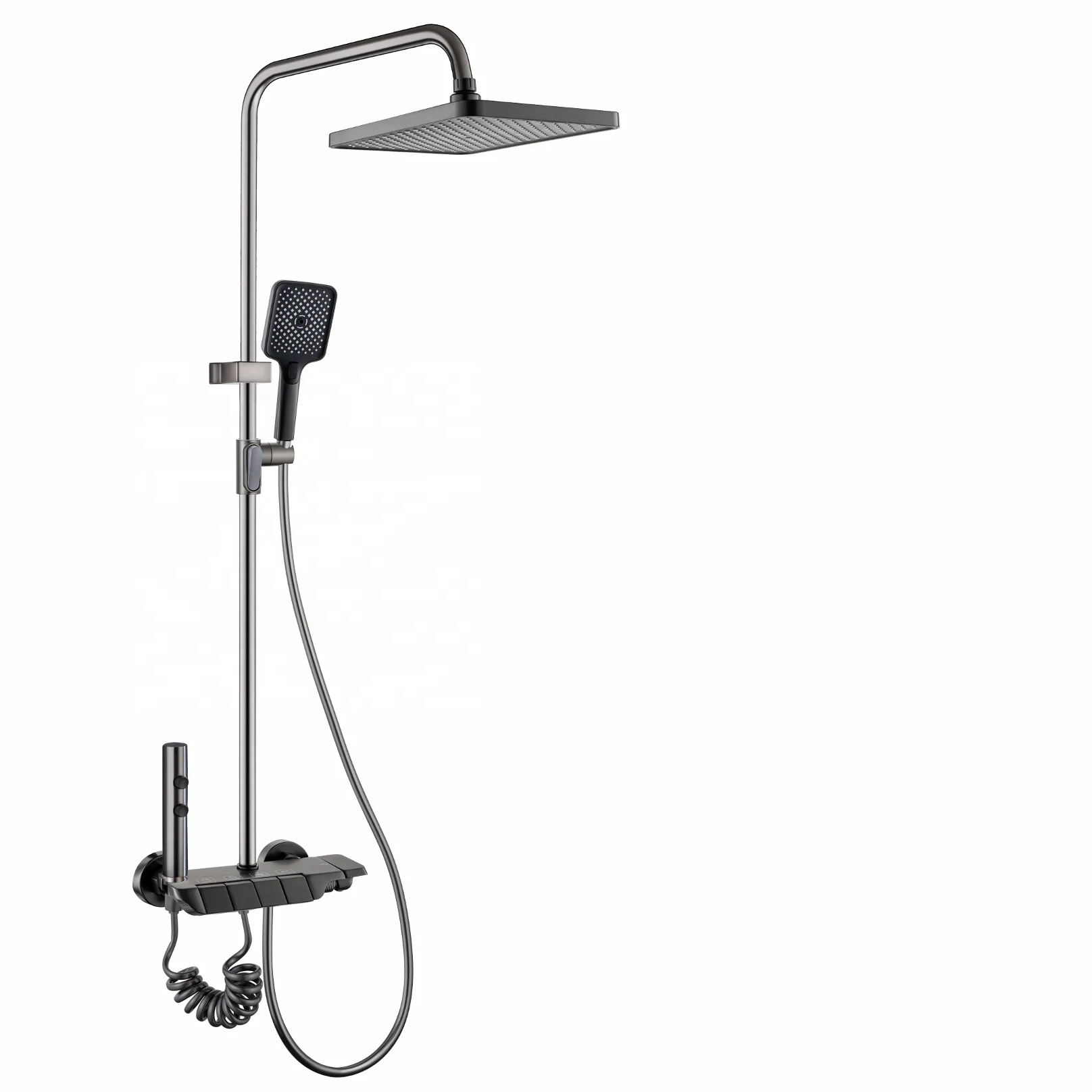Luxury 4-Function Rainfall Shower System Piano Key Buttons 59 Brass Body Storage Shelf Gunmetal Grey Modern Design Bathroom OEM