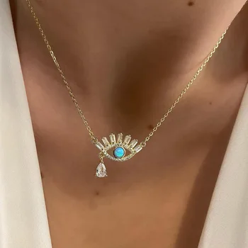 Amazon Hotsale Bling Bling Crystal Turkish Eye Pendant Necklace Vintage Rhinestone Evil Eyes Necklace for Women Girls