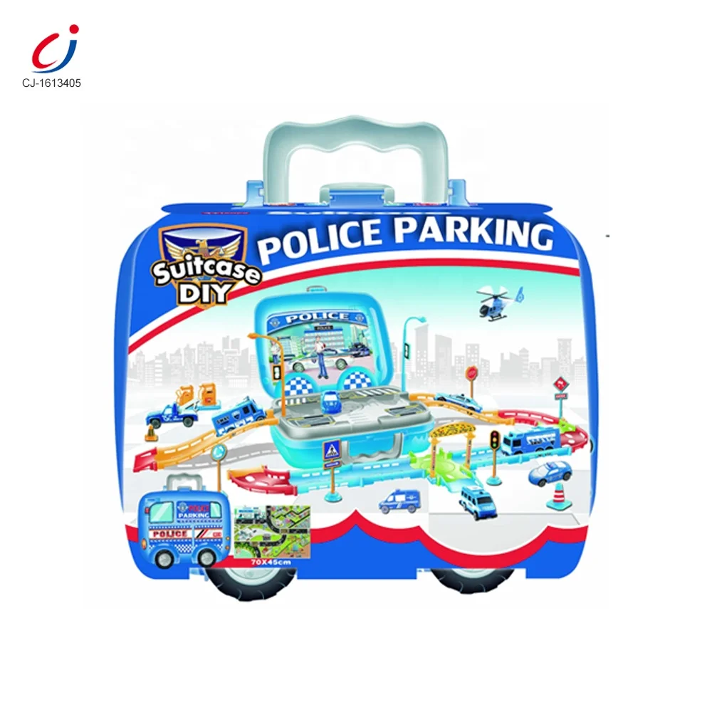 Plastic Kids Play Car Slot Diy Suitcase Police Parking Garage Set for Boys With Map