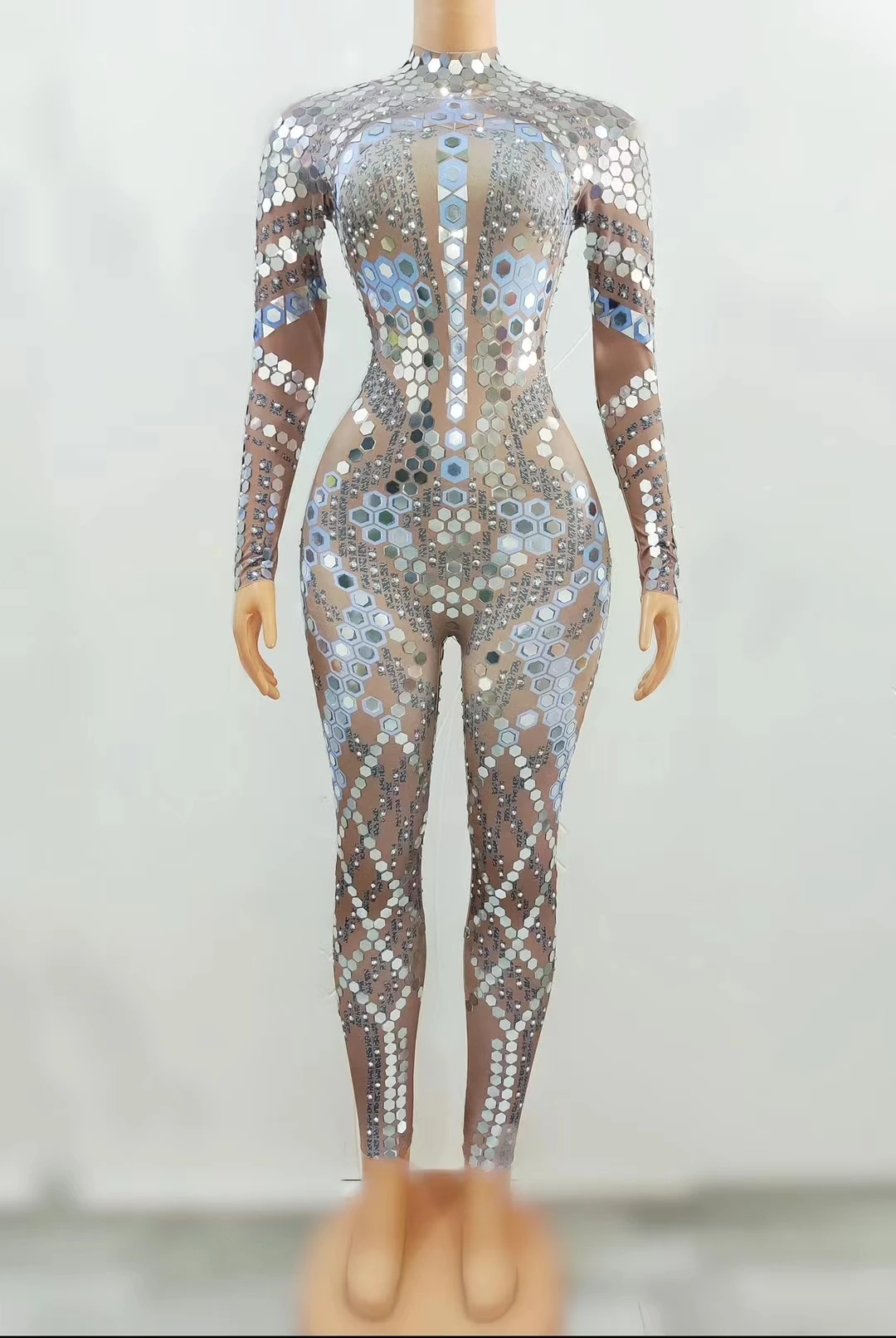 Sparkly Sequined Mesh Bodysuit Plus Size Dance Leotard Stage Performance Wear Women Sexy Club Party Bodycon One Piece Jumpsuit