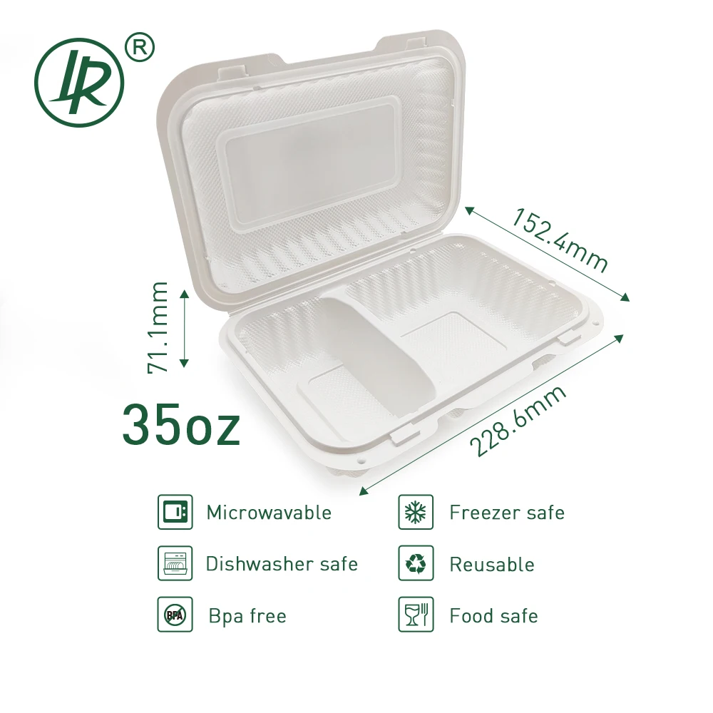 2 Compartment Clamshell Takeaway Lunch Box Hinged Lid White Meal Prep ...