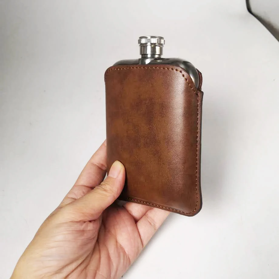 Wholesale 6oz  Pewter Hip Flask with Brown Leather Pouch Liquor Flask with Customize Leather Pouch