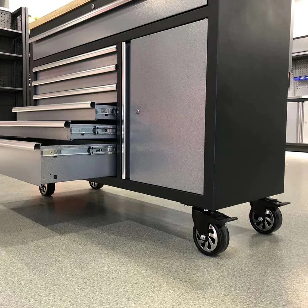 New Design Professional Garage Cabinet Garage Storage Workbench with Stainless Wood Top factory