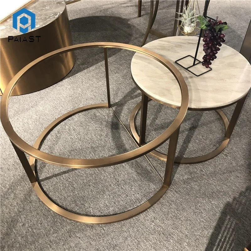 product natural white and black marble modern design  metal base round home coffee table round nature stone interior  table-3