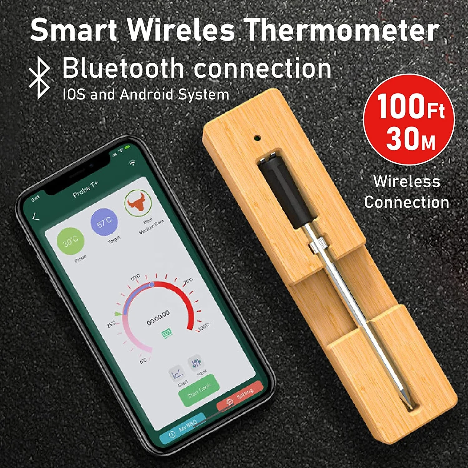 Smart Meat Thermometer with Bluetooth, 100ft Wireless Range for Deep F
