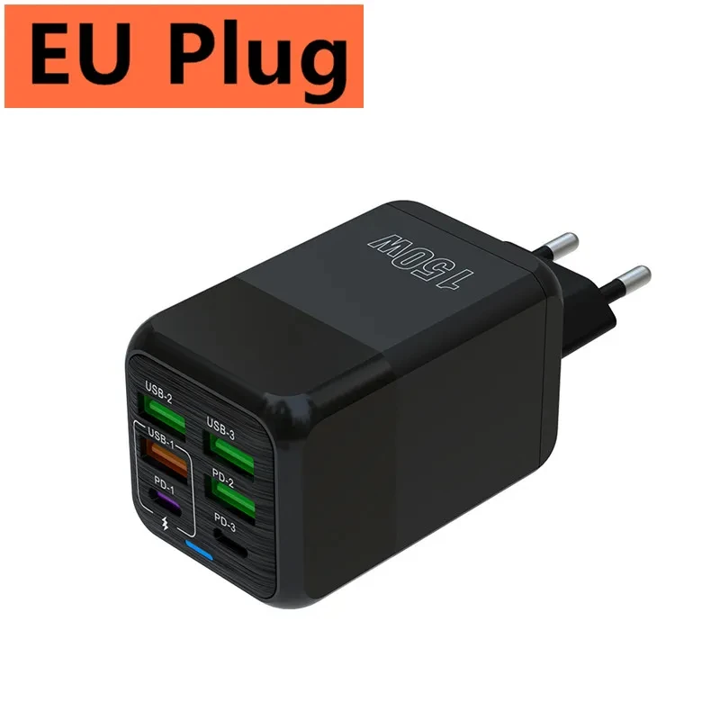 150W Quick Charger 6-port USB Type C PD Fast Charger for iPhone 15 Samsung Xiaomi Huawei Honor Mobile Phone USB Charger