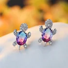 Blue Purple Oval Gradient Zircon Rainbow Stone Turtle Stud Earrings For Women Fashion Jewelry Multicolor Crystal Animal Earring