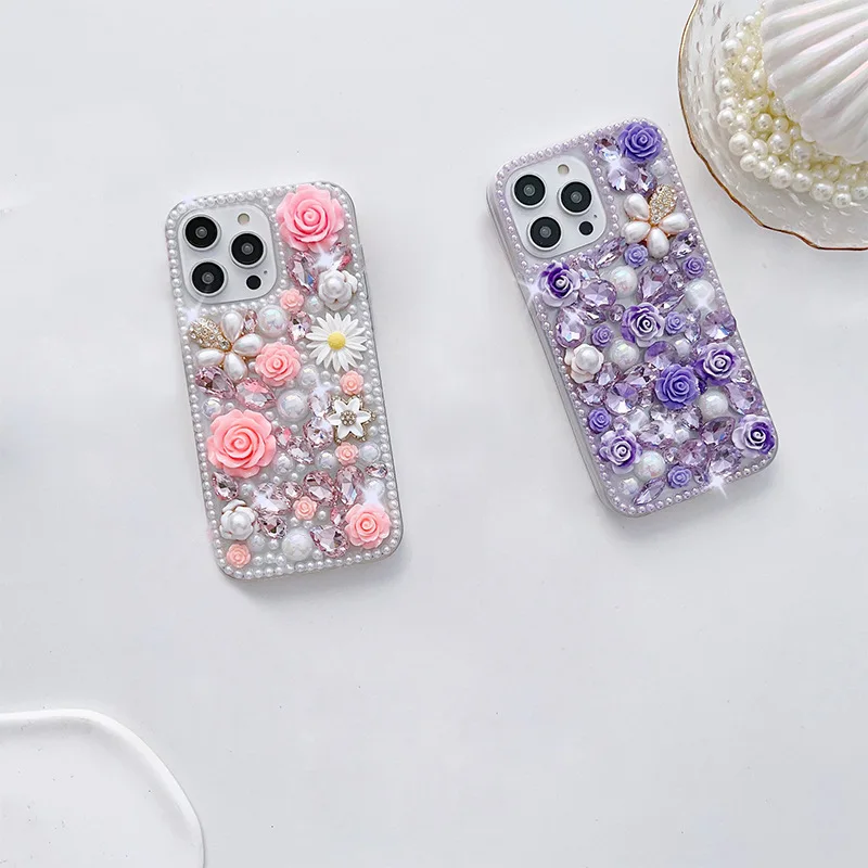Clear Tpu Pc 3D Epoxy Daisy Flower Resin DIY Mobile Phone case with Pearls for iPhone 16 Pro 15 Decoration Cellphone Accessory