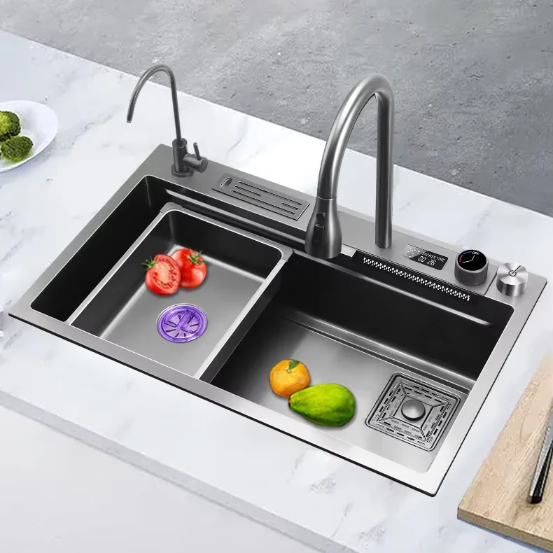Modern Smart Digital Display Multifunction Gun Gray Square Counter Stainless Steel Kitchen Sink