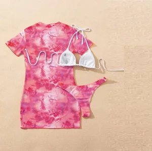 Ready Stock Women's Tie Dye Crochet Bikini Set 3-Piece Adults Print Swimsuit Long Cover Spandex Candy Bikini Logo Support