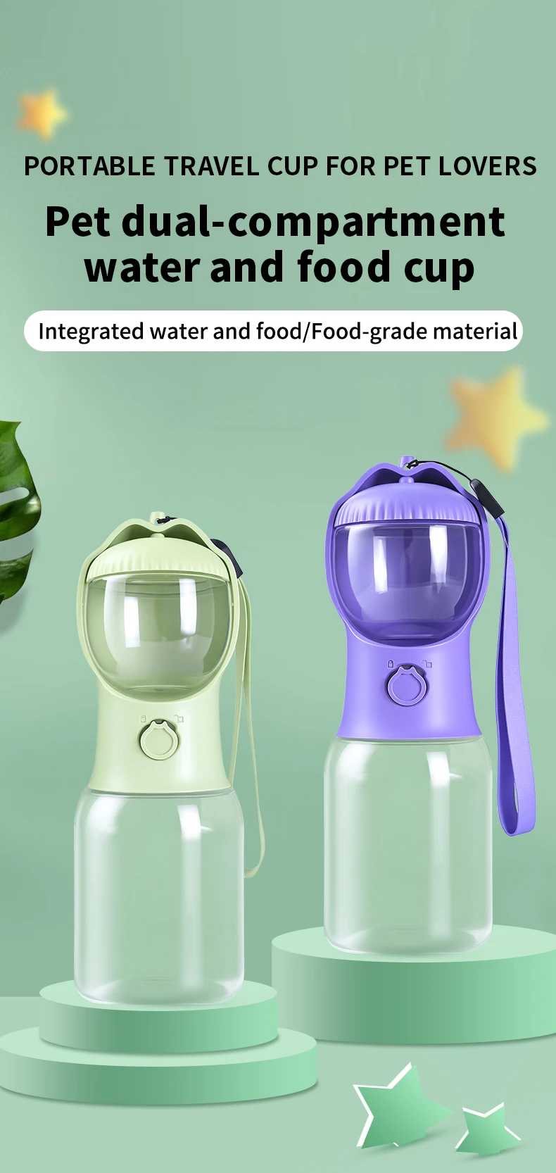 product portable dual chamber dog water food cup hanging design outdoor walking travel pet water bottle for small puppy-0