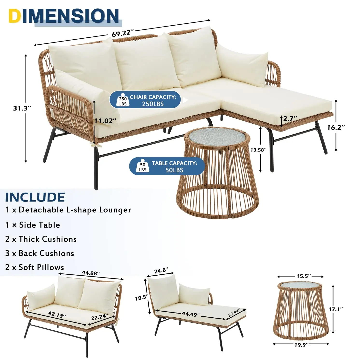 Modernes Aluminium Outdoor Modulares Sofa Gartenmöbel-Set L-förmiges Wetterfestes Terrassen-Sitzgruppen-Set mit Tischmatte – Detail 1