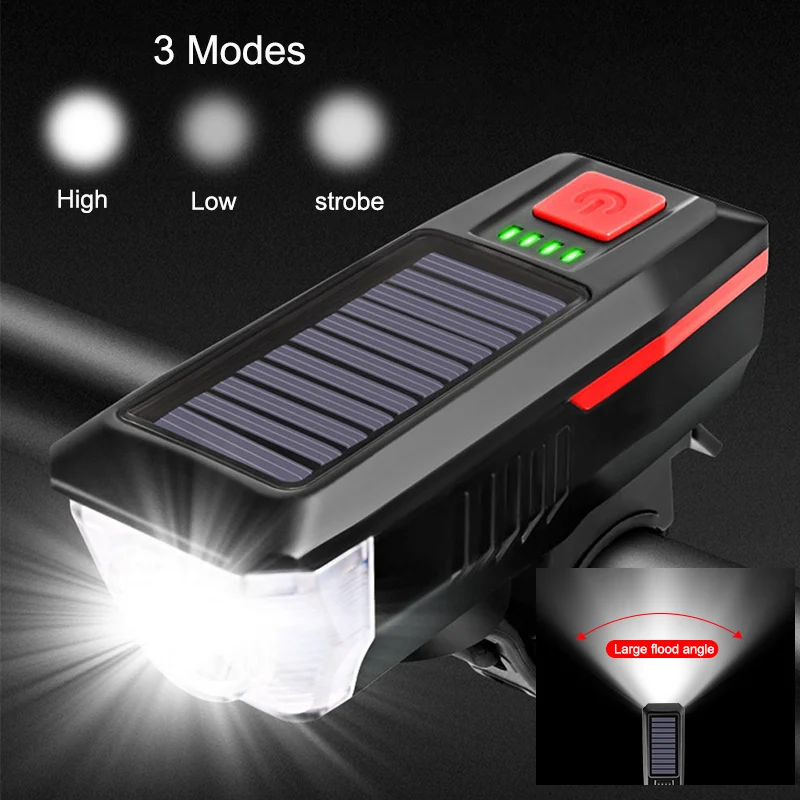 AT Cycle Flood Solar Type-C Rechargeable Powered Electric Bike Headlight Front Lights With Horn Speaker Bicycle Headlight