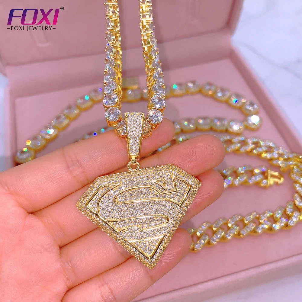 Fashion Hot Sale Hip Hop Superman Pendant Gold Plated Men Full Moissanite Stone Sterling Silver Conspicuous Pendant For Necklace 222065