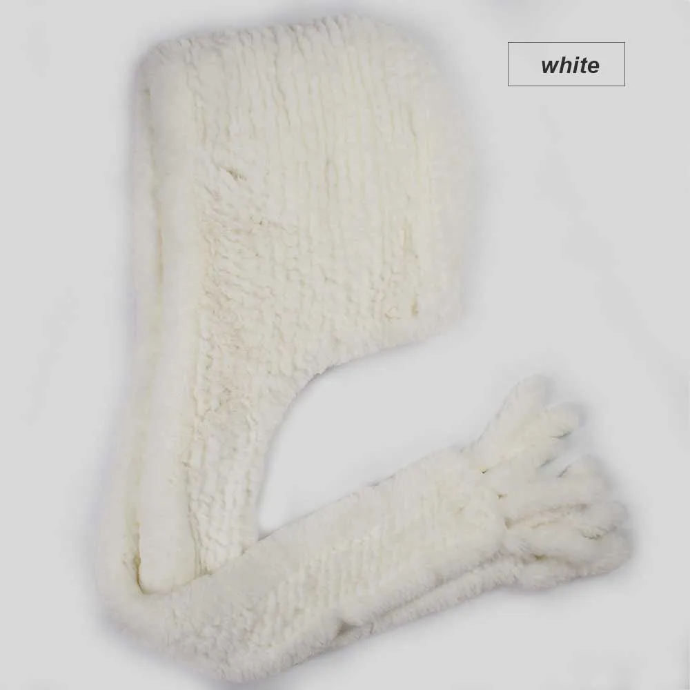 knit rex fur hood scarf white