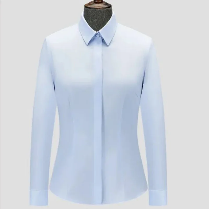 Light Blue Anti-Bacterial Non-Ironing Ladies Long Sleeved Regular Collar Pocket-Less Design Office Women's 100% Cotton Shirt supplier