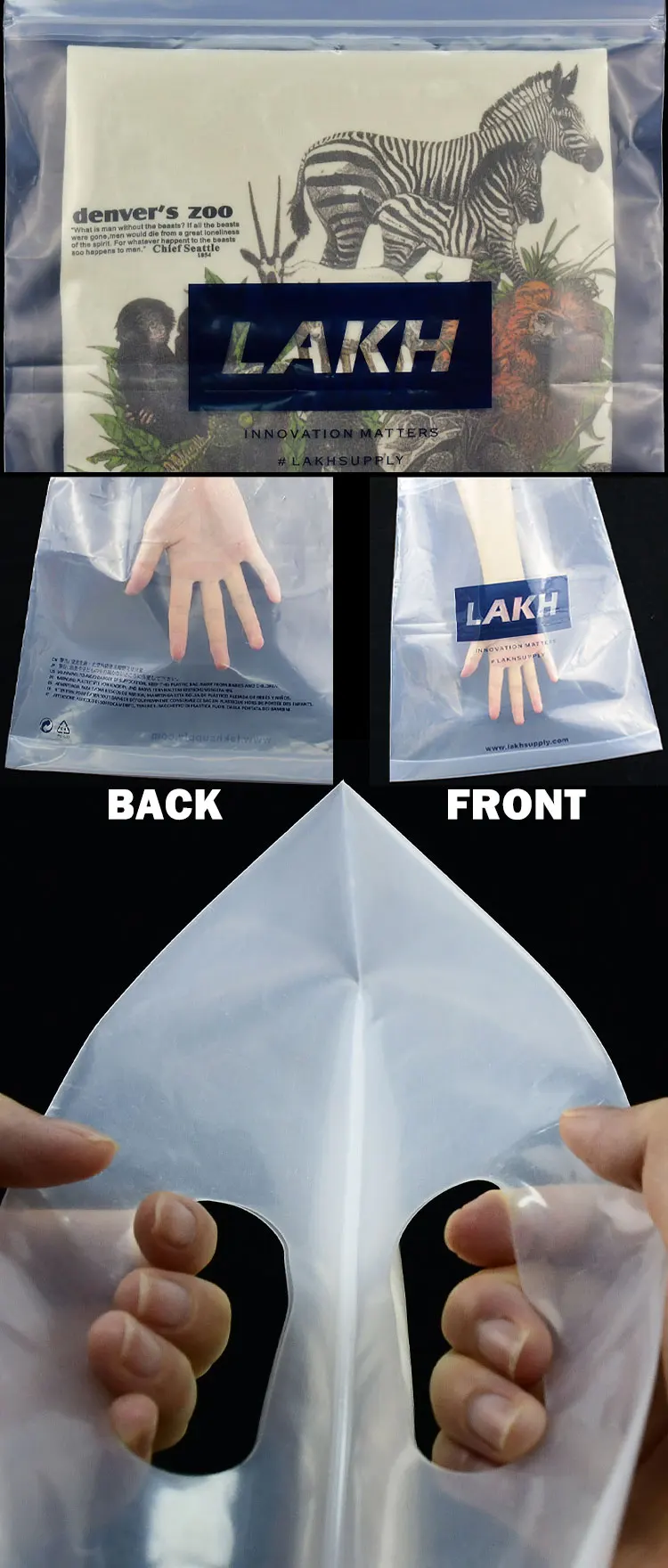 Custom biodegradable handle transparent bags for zip bag plastic bags for clothing store with logo warning manufacture