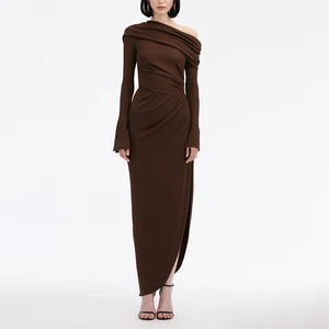 ZYHT 74002 Solid Color Brown One Shoulder Ruched Pleated Spring High Split Long Sleeves Women Cocktail Evening Dress